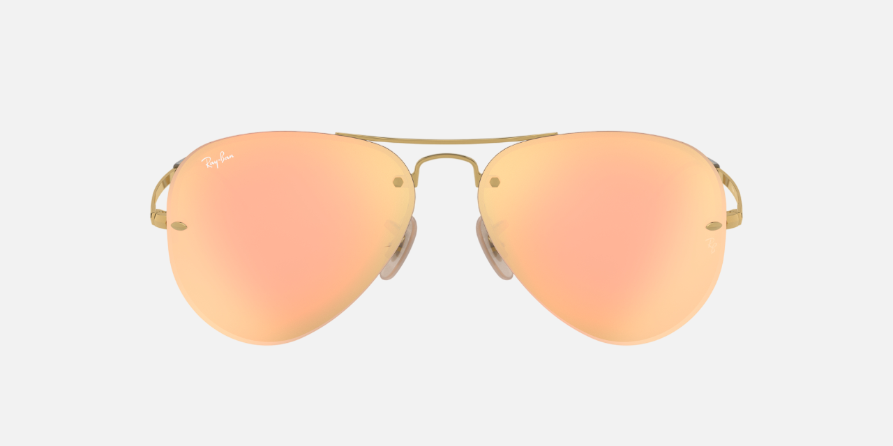 Ray-Ban RB3449 001/2Y pilot sunglasses for unisex in full rim metal, with arista gold frame, and copper mirror lenses. 59mm in lens size, 14mm in bridge size, and 135mm in temple length.
