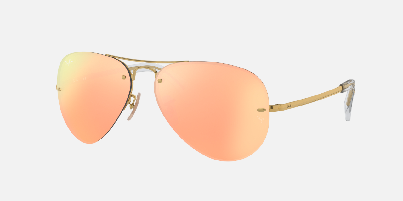 Ray-Ban RB3449 001/2Y pilot sunglasses for unisex in full rim metal, with arista gold frame, and copper mirror lenses. 59mm in lens size, 14mm in bridge size, and 135mm in temple length.