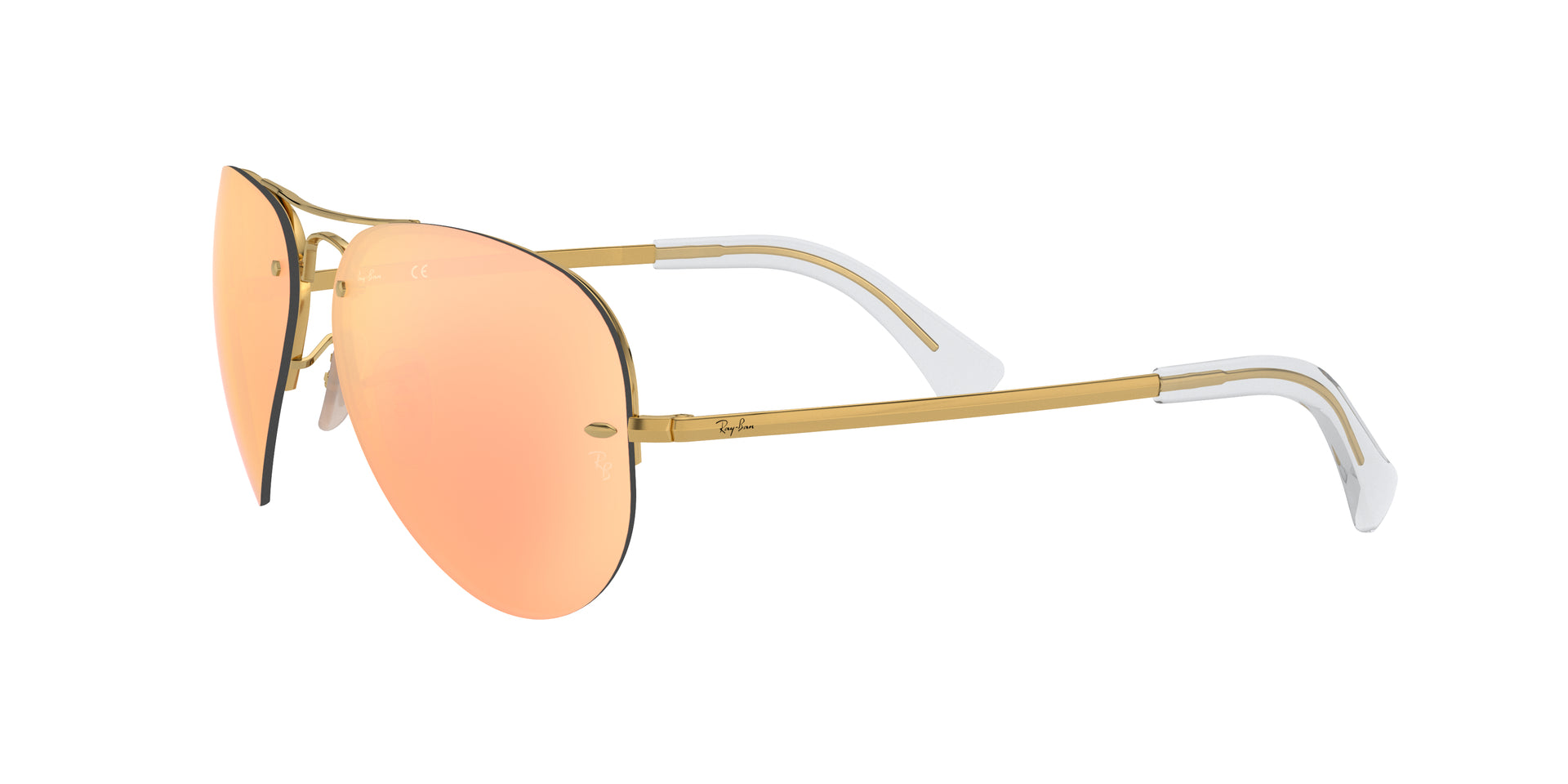 Ray-Ban RB3449 001/2Y pilot sunglasses for unisex in full rim metal, with arista gold frame, and copper mirror lenses. 59mm in lens size, 14mm in bridge size, and 135mm in temple length.