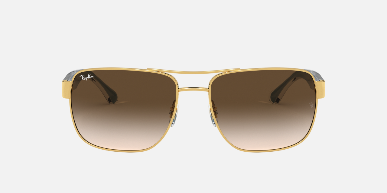 Ray-Ban RB3530 001/13 square sunglasses for unisex in full rim metal, with gold frame, and brown gradient lenses. 58mm in lens size, 17mm in bridge size, and 140mm in temple length.