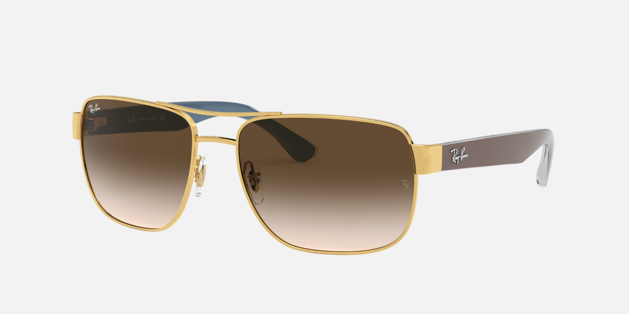 Ray-Ban RB3530 001/13 square sunglasses for unisex in full rim metal, with gold frame, and brown gradient lenses. 58mm in lens size, 17mm in bridge size, and 140mm in temple length.