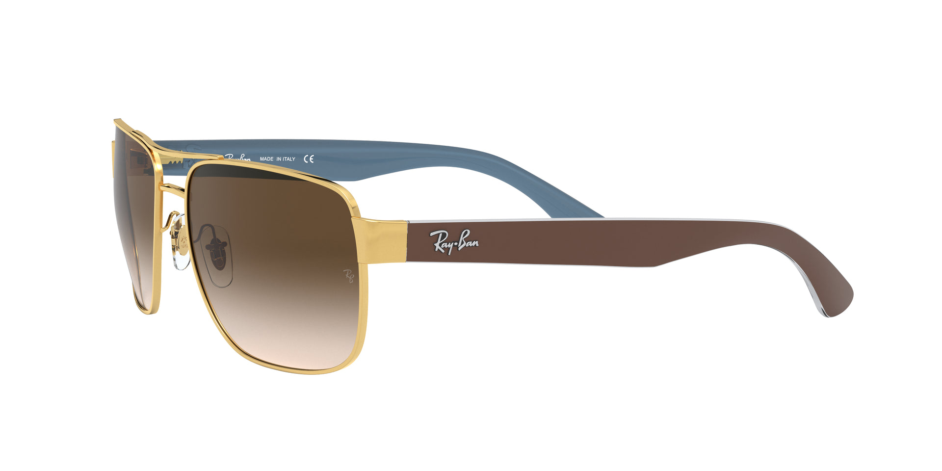 Ray-Ban RB3530 001/13 square sunglasses for unisex in full rim metal, with gold frame, and brown gradient lenses. 58mm in lens size, 17mm in bridge size, and 140mm in temple length.