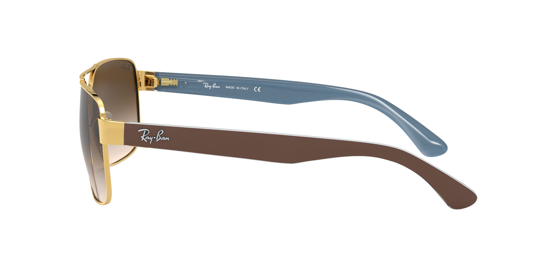 Ray-Ban RB3530 001/13 square sunglasses for unisex in full rim metal, with gold frame, and brown gradient lenses. 58mm in lens size, 17mm in bridge size, and 140mm in temple length.