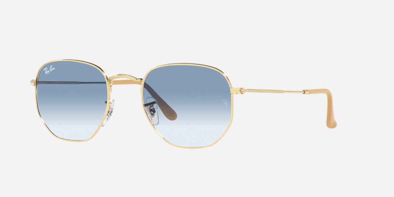 Ray-Ban Hexagonal RB3548 001/3F hexagonal sunglasses for unisex in full rim metal, with gold frame, and light blue gradient lenses. 51mm in lens size, 21mm in bridge size, and 145mm in temple length.