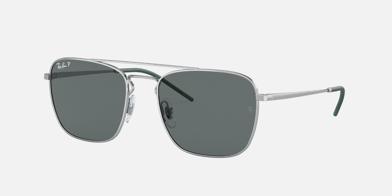 Ray-Ban RB3588 925181 square sunglasses for unisex in full rim metal, with silver frame, and grey lenses. 55mm in lens size, 19mm in bridge size, and 140mm in temple length.