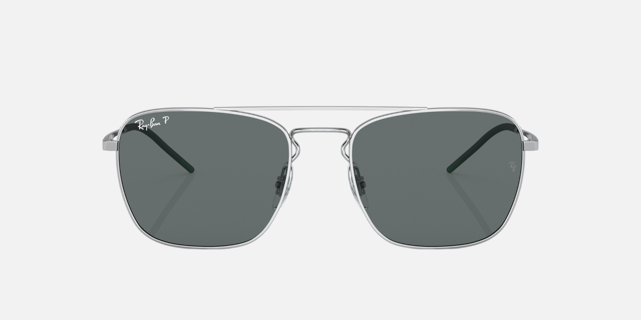 Ray-Ban RB3588 925181 square sunglasses for unisex in full rim metal, with silver frame, and grey lenses. 55mm in lens size, 19mm in bridge size, and 140mm in temple length.