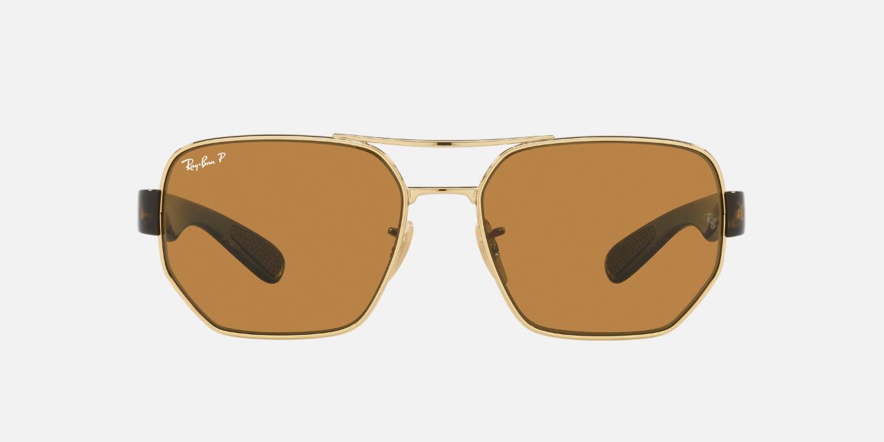 Ray-Ban RB3672 001/83 rectangular sunglasses for unisex in full rim metal, with gold frame, and brown lenses. 60mm in lens size, 17mm in bridge size, and 135mm in temple length.