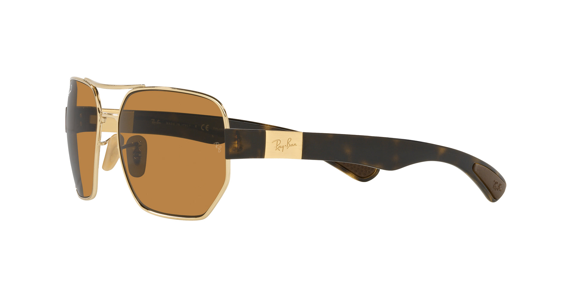 Ray-Ban RB3672 001/83 rectangular sunglasses for unisex in full rim metal, with gold frame, and brown lenses. 60mm in lens size, 17mm in bridge size, and 135mm in temple length.