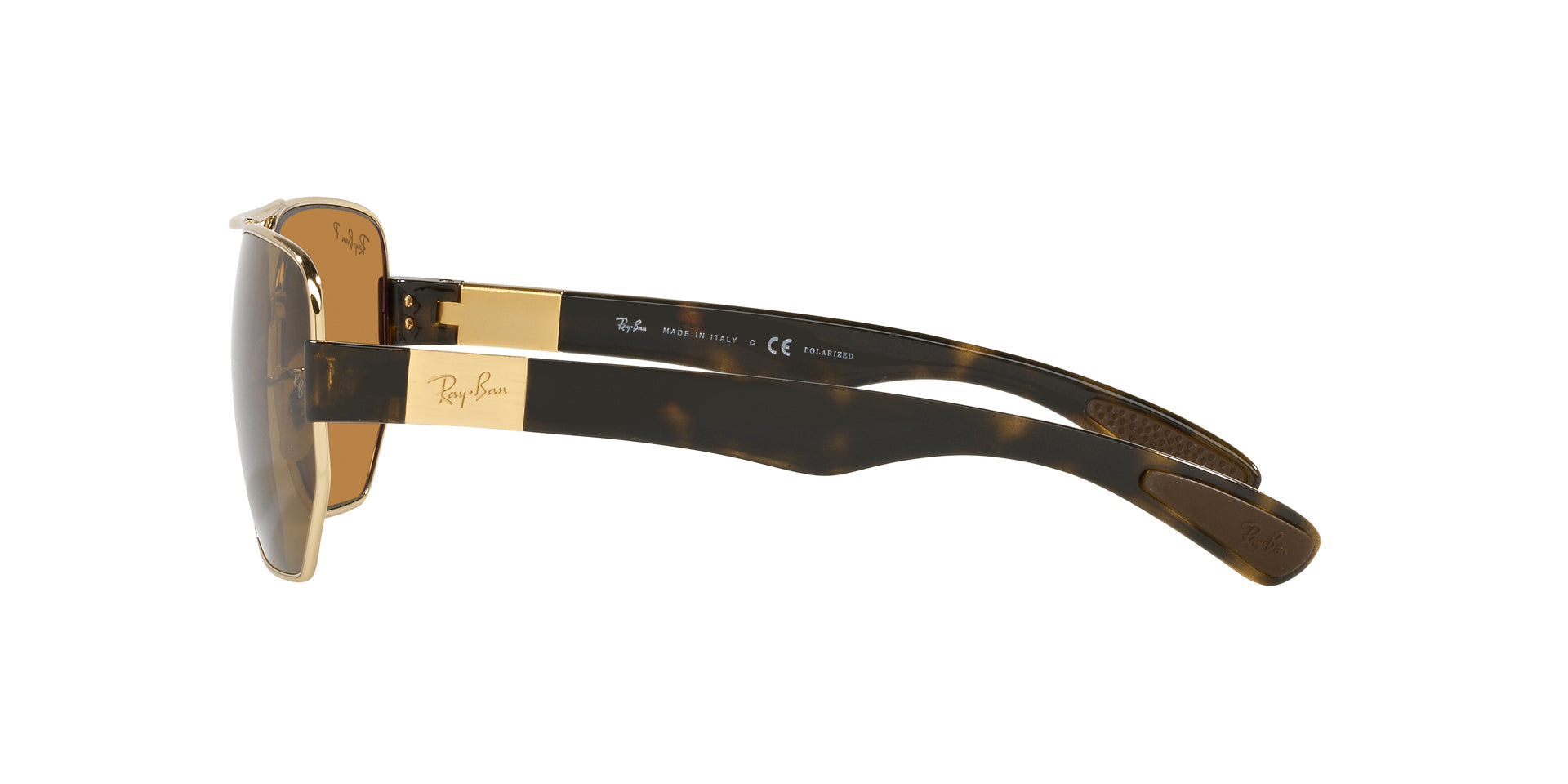 Ray-Ban RB3672 001/83 rectangular sunglasses for unisex in full rim metal, with gold frame, and brown lenses. 60mm in lens size, 17mm in bridge size, and 135mm in temple length.