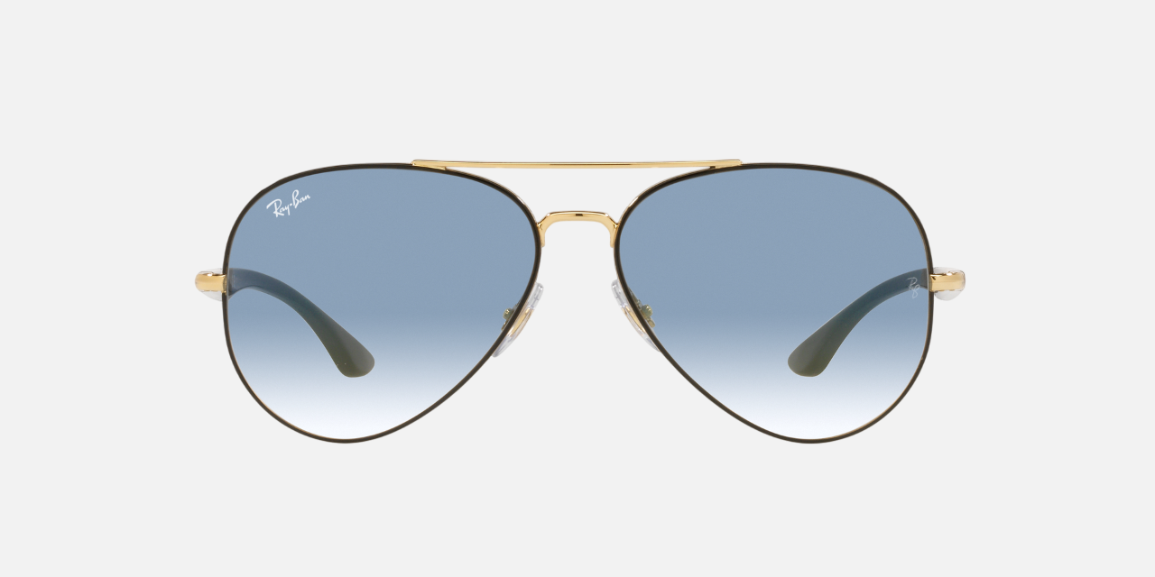 Ray-Ban RB3675 90003F pilot sunglasses for unisex in full rim metal, with black frame, and light blue lenses. 58mm in lens size, 14mm in bridge size, and 135mm in temple length.