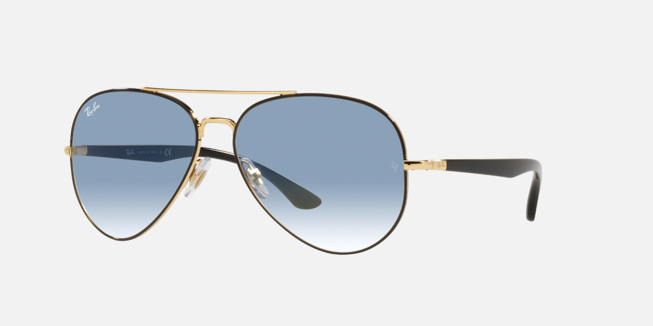 Ray-Ban RB3675 90003F unisex's full rim pilot sunglasses in a black metal frame with light blue lenses. Features a 58 mm lens size, 14 mm bridge size, and 135 mm temple length. Available in Dubai, UAE.