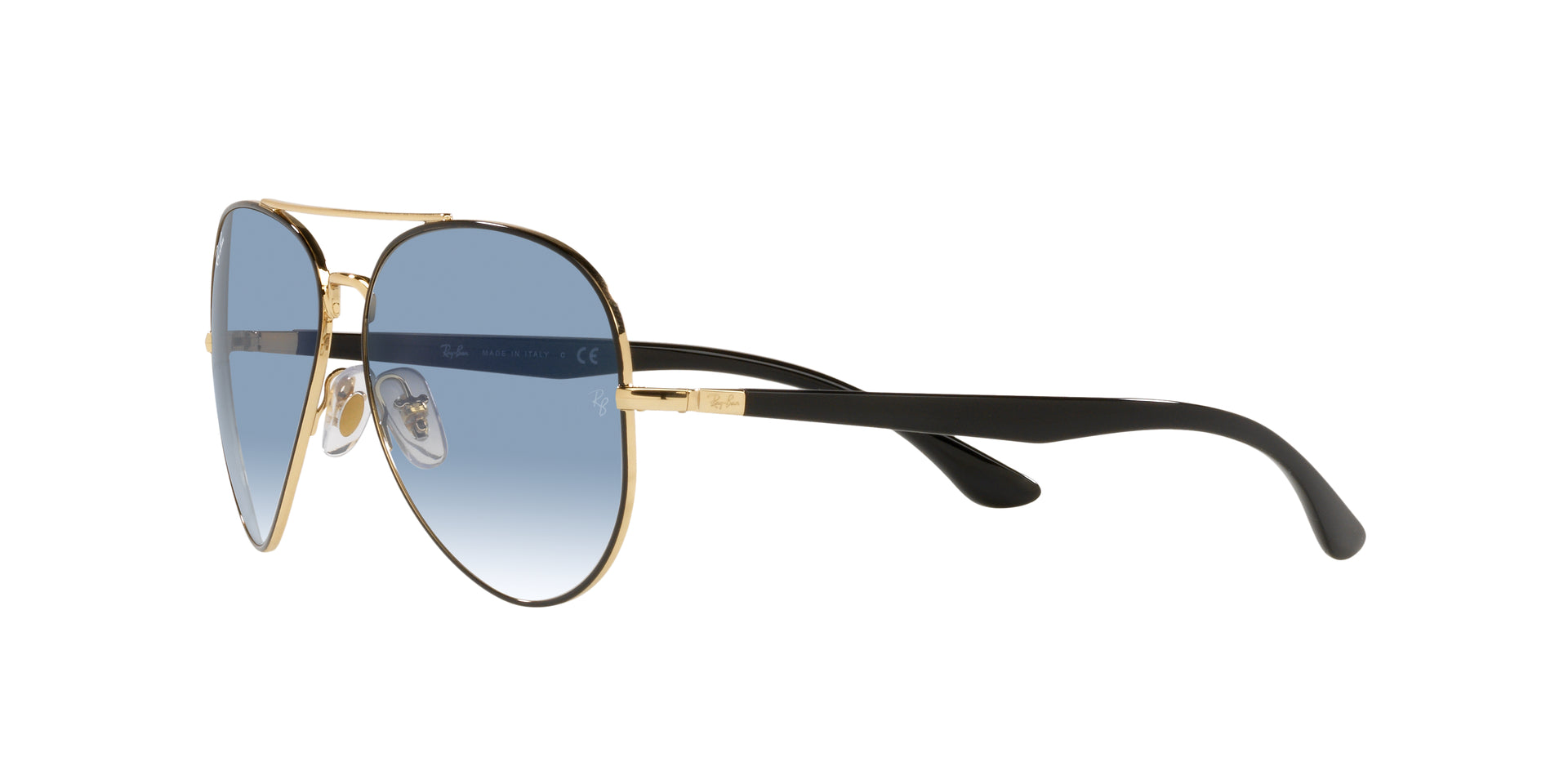 Ray-Ban RB3675 90003F pilot sunglasses for unisex in full rim metal, with black frame, and light blue lenses. 58mm in lens size, 14mm in bridge size, and 135mm in temple length.