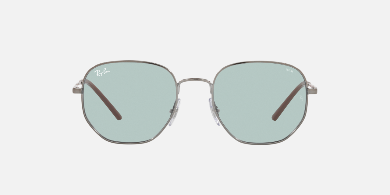 Ray-Ban RB3682 Evolve 9226Q5 hexagonal sunglasses for unisex in full rim metal, with gunmetal frame, and photochromic green gradient blue lenses. 51mm in lens size, 19mm in bridge size, and 145mm in temple length.