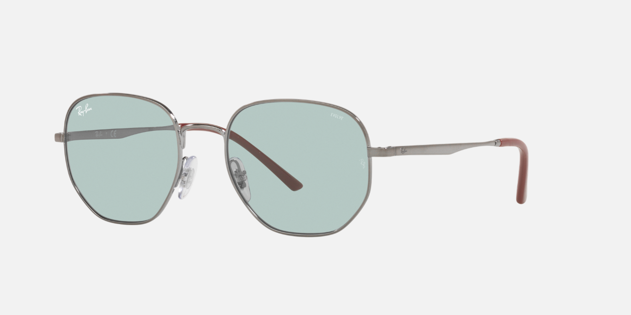 Ray-Ban RB3682 Evolve 9226Q5 hexagonal sunglasses for unisex in full rim metal, with gunmetal frame, and photochromic green gradient blue lenses. 51mm in lens size, 19mm in bridge size, and 145mm in temple length.