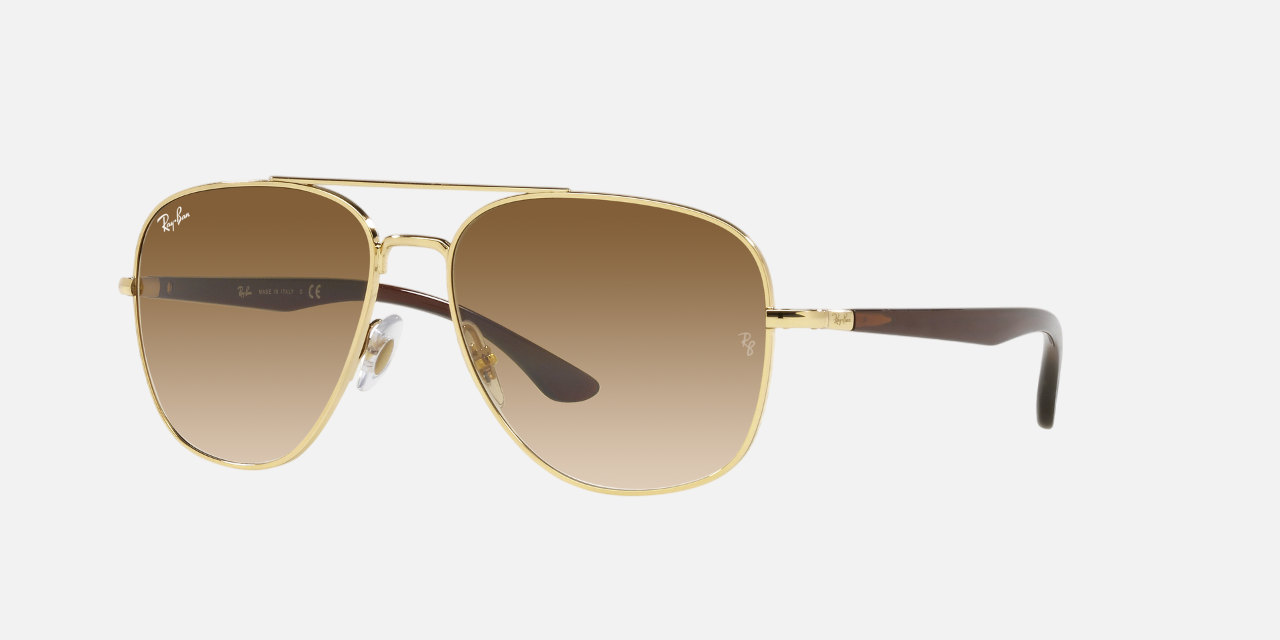 Ray-Ban RB3683 001/51 square sunglasses for unisex in full rim metal, with gold frame, and brown lenses. 56mm in lens size, 15mm in bridge size, and 135mm in temple length.