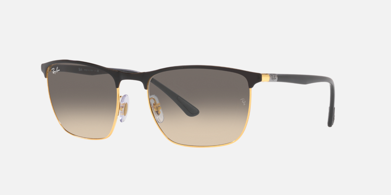 Ray-Ban RB3686 187/32 square sunglasses for unisex in full rim metal, with black frame, and clear grey lenses. 57mm in lens size, 19mm in bridge size, and 140mm in temple length.