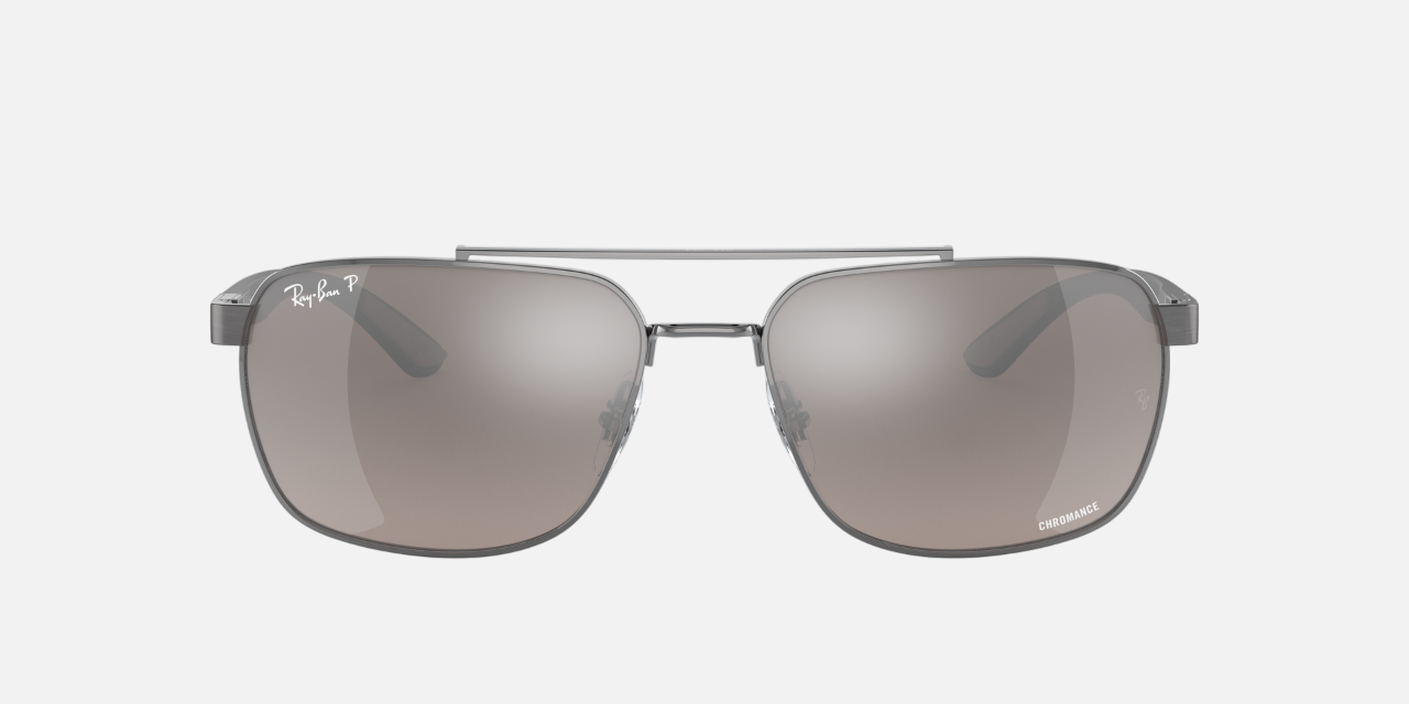 Ray-Ban RB3701 004/5J rectangular sunglasses for men in full rim metal, with gunmetal frame, and grey chromance lenses. 59mm in lens size, 17mm in bridge size, and 145mm in temple length.
