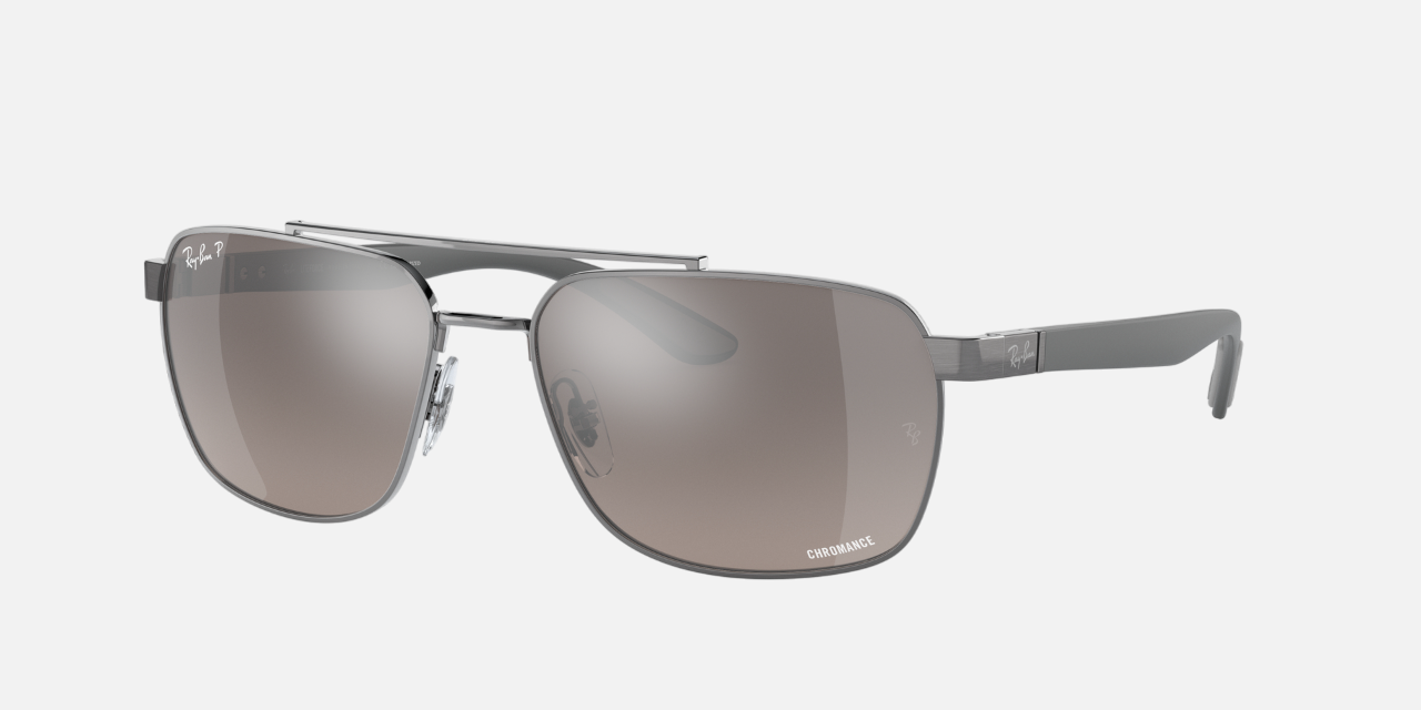 Ray-Ban RB3701 004/5J rectangular sunglasses for men in full rim metal, with gunmetal frame, and grey chromance lenses. 59mm in lens size, 17mm in bridge size, and 145mm in temple length.