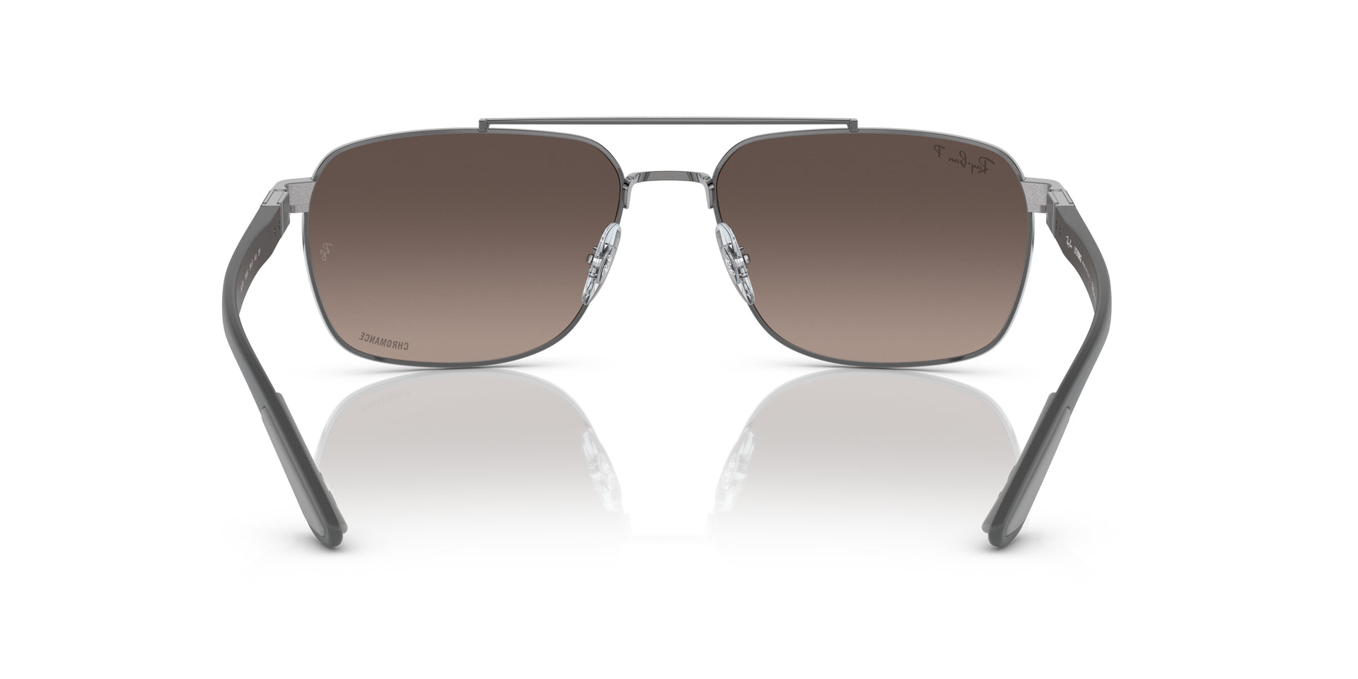 Ray-Ban RB3701 004/5J rectangular sunglasses for men in full rim metal, with gunmetal frame, and grey chromance lenses. 59mm in lens size, 17mm in bridge size, and 145mm in temple length.