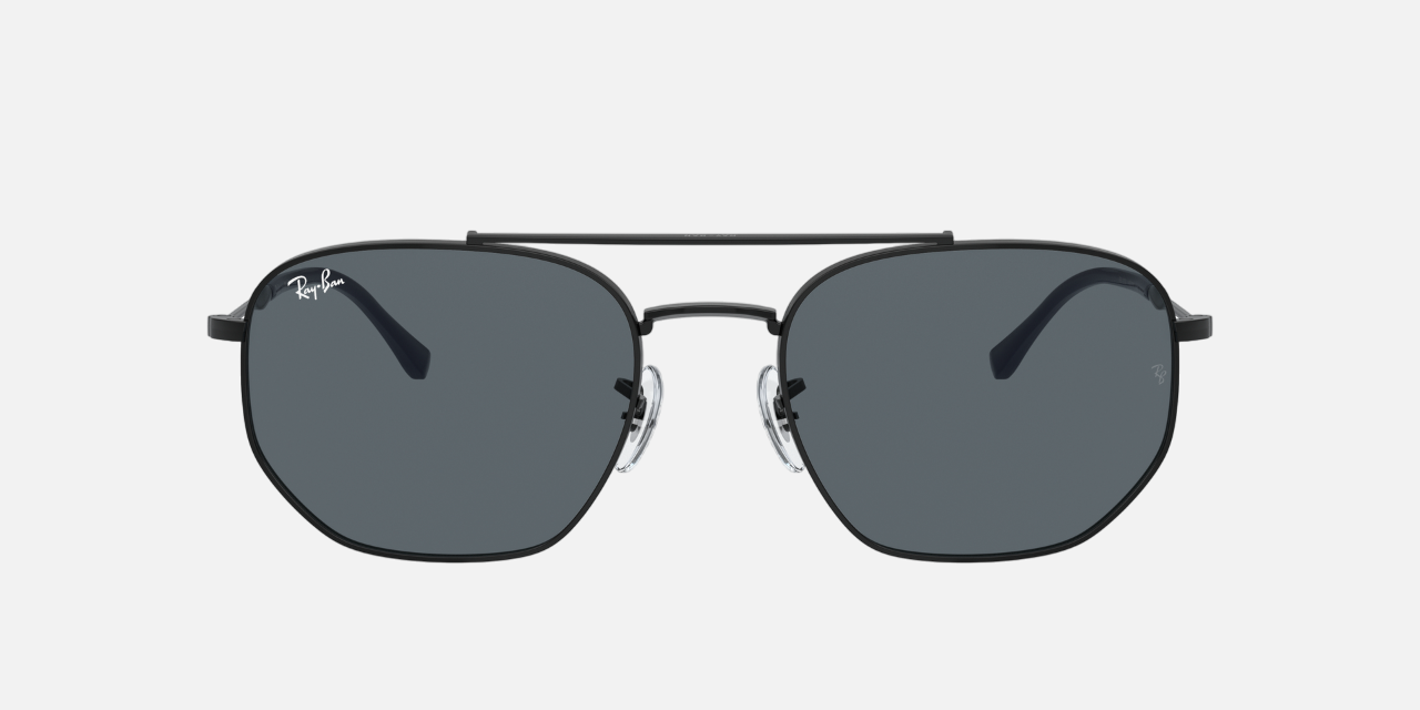 Ray-Ban RB3707 9257R5 hexagonal sunglasses for unisex in full rim metal, with black frame, and blue lenses. 57mm in lens size, 20mm in bridge size, and 145mm in temple length.