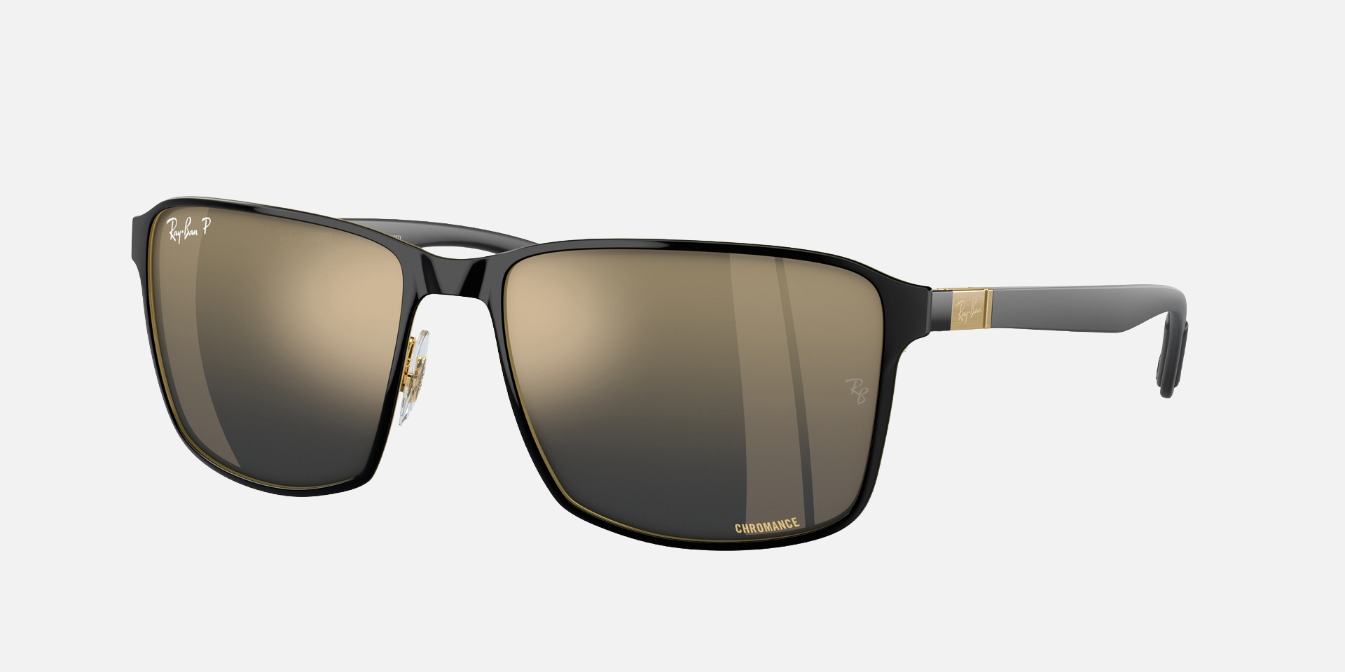 Ray-Ban RB3721CH Chromance 187/J0 men's full rim square sunglasses in a polished black on gold metal frame with blue/gold chromance polarized lenses. Features a 59 mm lens size, 17 mm bridge size, and 145 mm temple length. Available in Dubai, UAE.