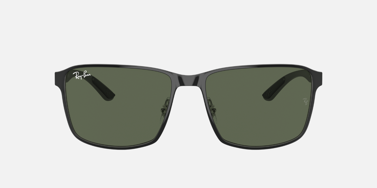 Ray-Ban RB3721 914471 square sunglasses for unisex in full rim metal, with black on silver frame, and dark green lenses. 59mm in lens size, 17mm in bridge size, and 145mm in temple length.