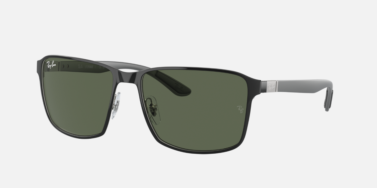 Ray-Ban RB3721 914471 square sunglasses for unisex in full rim metal, with black on silver frame, and dark green lenses. 59mm in lens size, 17mm in bridge size, and 145mm in temple length.