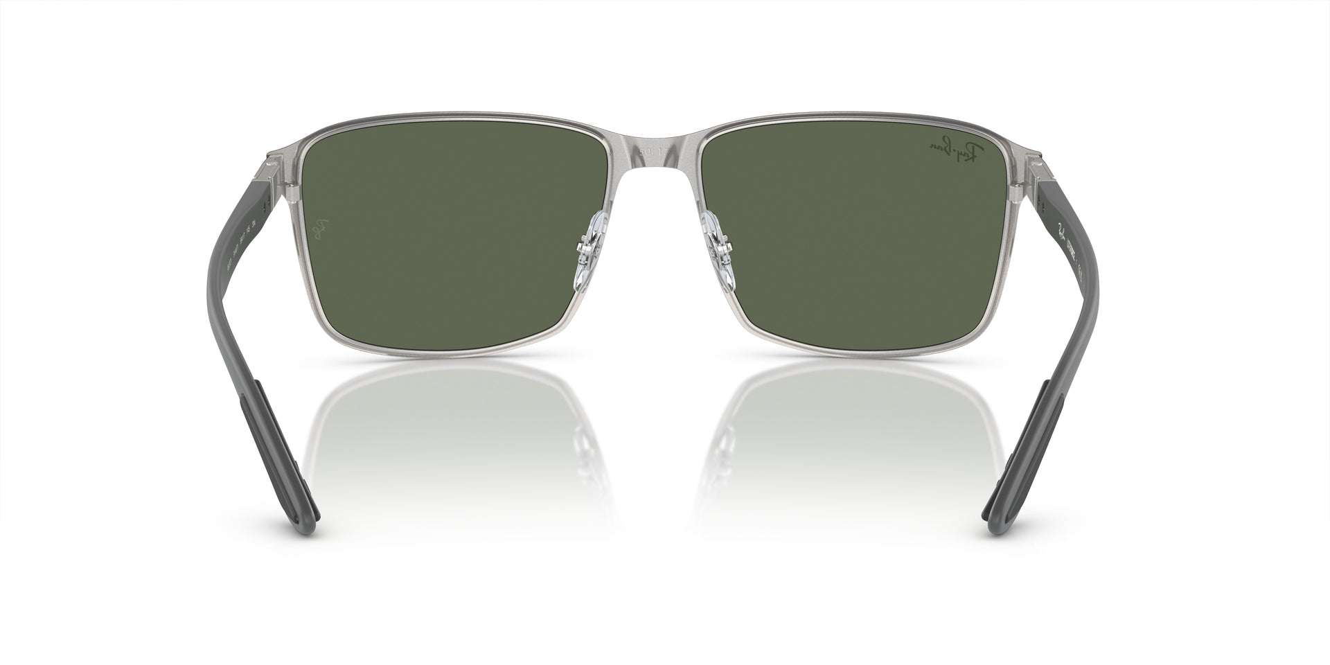 Ray-Ban RB3721 914471 square sunglasses for unisex in full rim metal, with black on silver frame, and dark green lenses. 59mm in lens size, 17mm in bridge size, and 145mm in temple length.