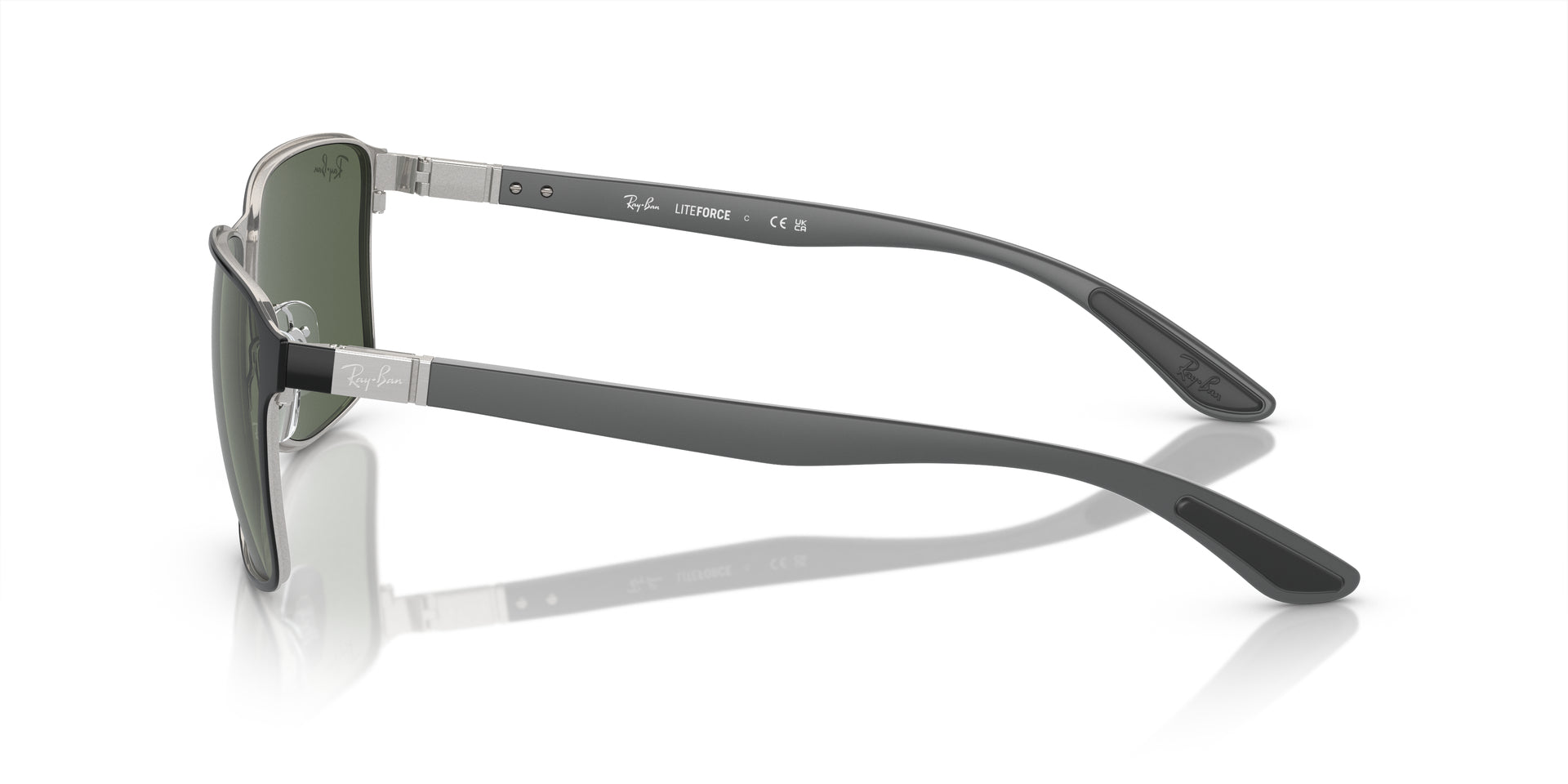 Ray-Ban RB3721 914471 square sunglasses for unisex in full rim metal, with black on silver frame, and dark green lenses. 59mm in lens size, 17mm in bridge size, and 145mm in temple length.