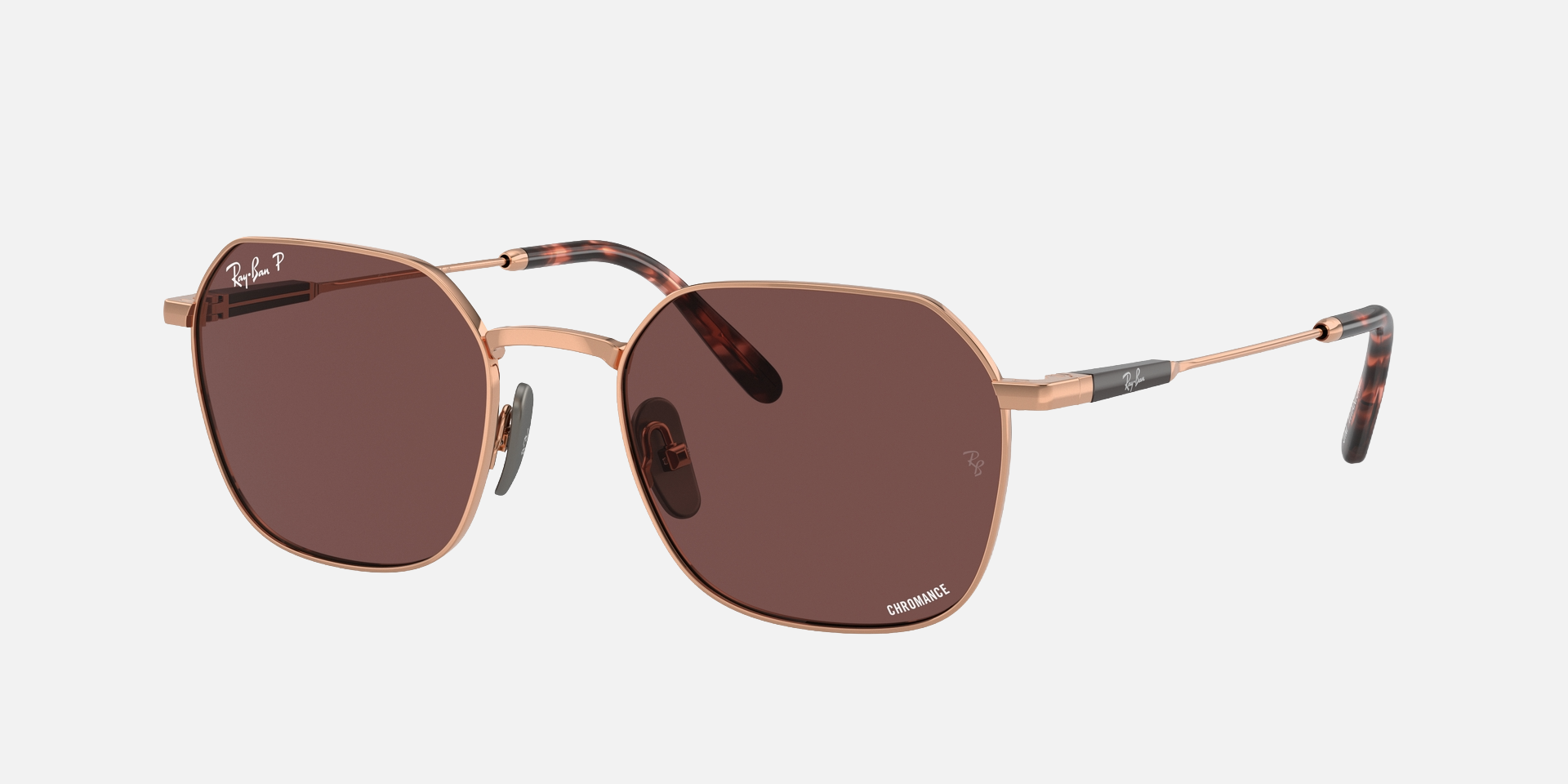 Ray-Ban Jim Titanium RB8094 9266AF unisex's full rim irregular sunglasses in a polished light brown titanium frame with dark violet chromance polarized lenses. Features a 53 mm lens size, 20 mm bridge size, and 145 mm temple length. Available in Dubai, UAE.