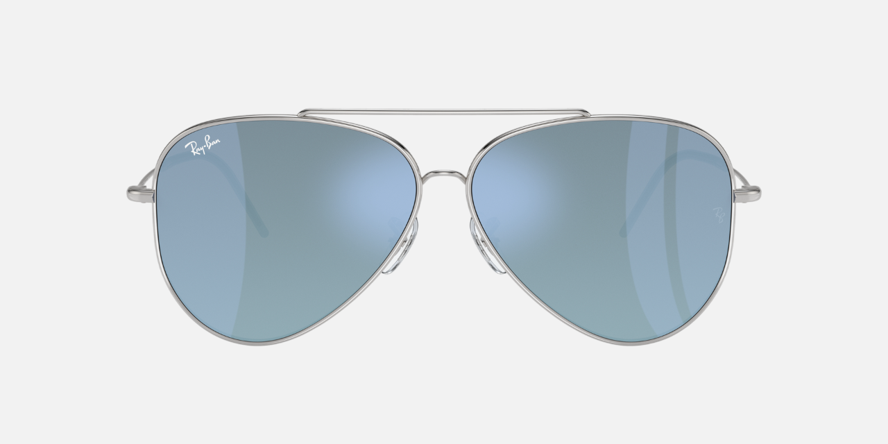 Ray-Ban Aviator Reverse RBR0101S 003/GA pilot sunglasses for unisex in full rim metal, with polished silver frame, and light blue lenses. 62mm in lens size, 11mm in bridge size, and 145mm in temple length.