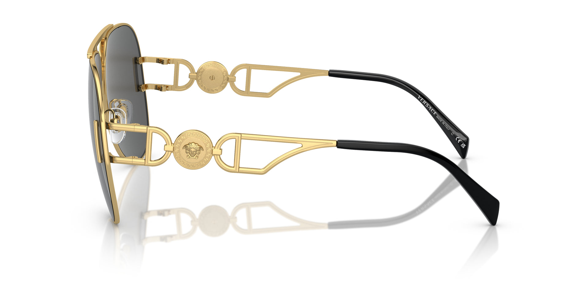Versace VE2255 100287 pilot sunglasses for unisex in full rim metal, with gold frame, and dark grey lenses. 63mm in lens size, 13mm in bridge size, and 145mm in temple length.