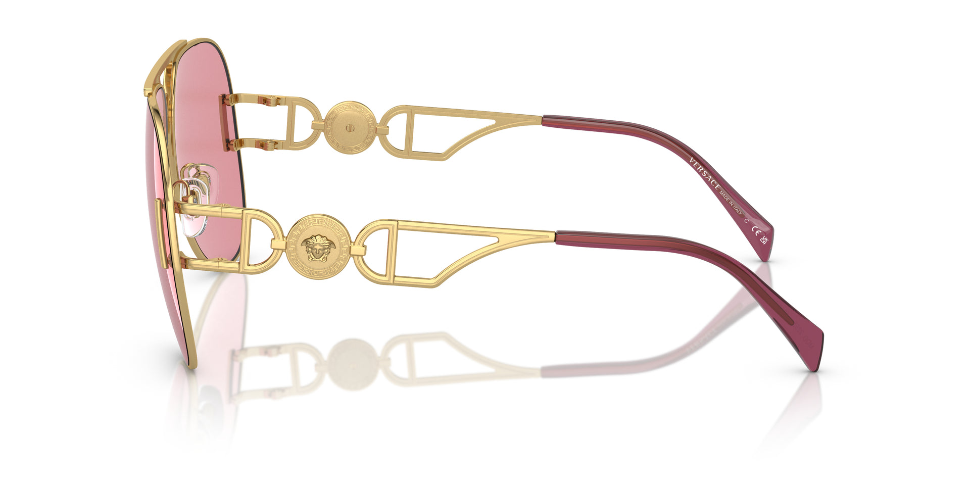 Versace VE2255 1002A4 pilot sunglasses for unisex in full rim metal, with gold frame, and pink mirror internal silver lenses. 63mm in lens size, 13mm in bridge size, and 145mm in temple length.