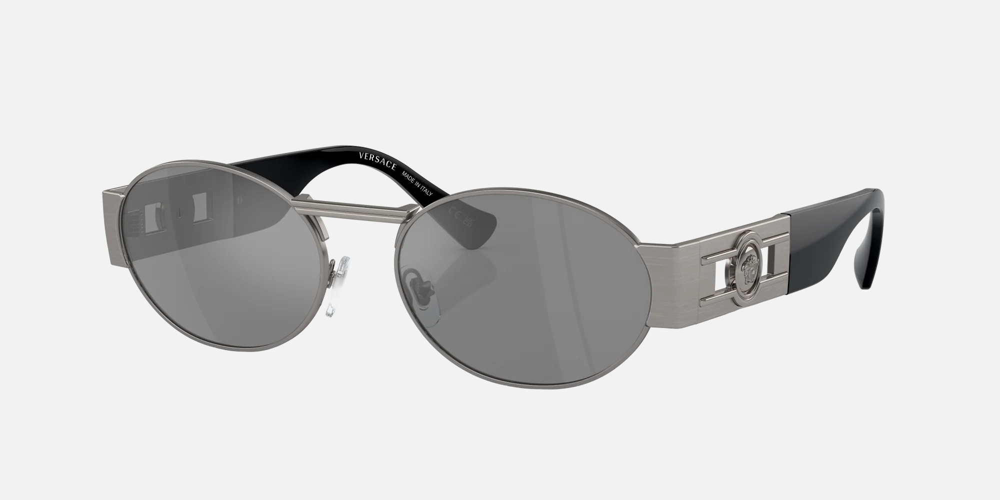 Versace VE2264 10016G unisex's full rim oval sunglasses in a matte gunmetal metal frame with mirrored silver grey lenses. Features a 56 mm lens size, 18 mm bridge size, and 140 mm temple length. Available in Dubai, UAE.