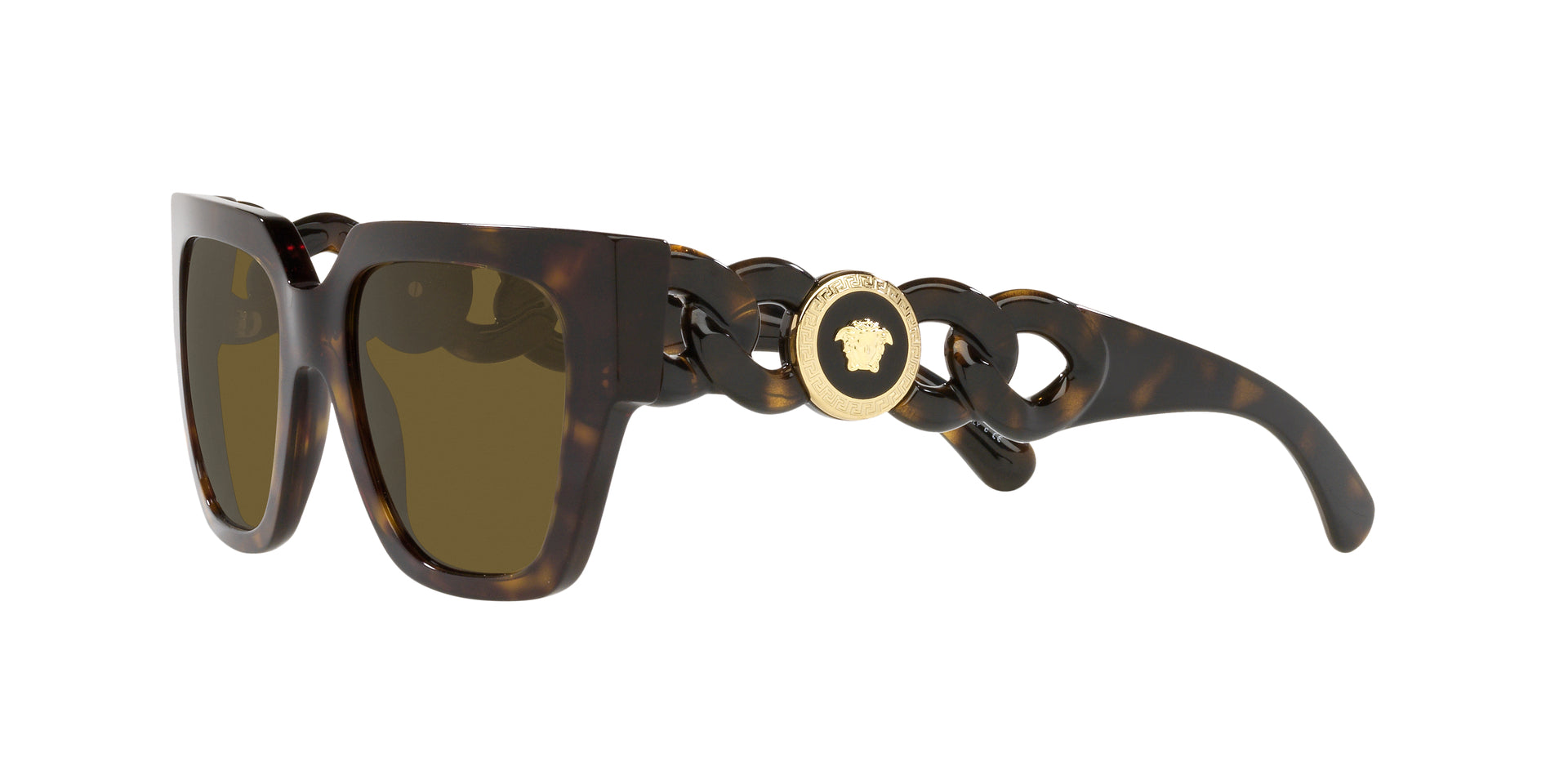 Versace VE4409 10873 square sunglasses for women in full rim plastic, with havana frame, and dark brown lenses. 53mm in lens size, 19mm in bridge size, and 140mm in temple length.