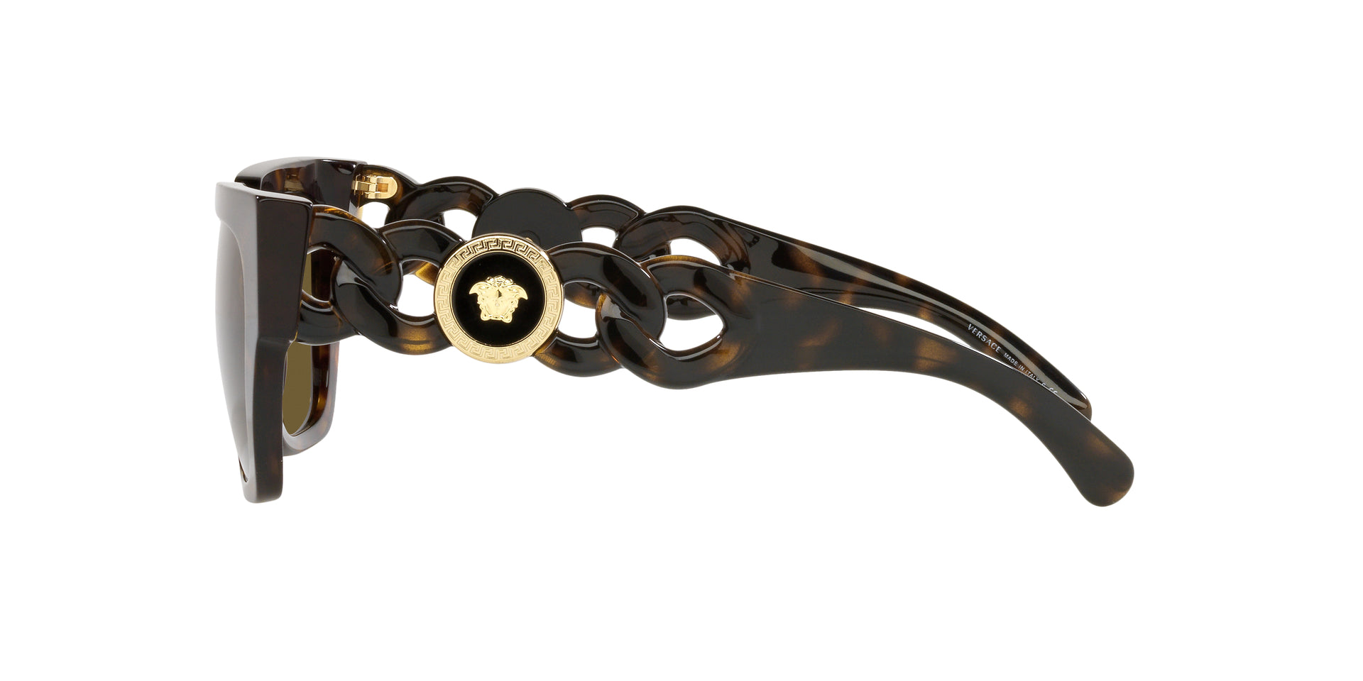 Versace VE4409 10873 square sunglasses for women in full rim plastic, with havana frame, and dark brown lenses. 53mm in lens size, 19mm in bridge size, and 140mm in temple length.