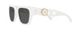 Versace VE4409 31487 square sunglasses for women in full rim plastic, with white frame, and dark grey lenses. 53mm in lens size, 19mm in bridge size, and 140mm in temple length.