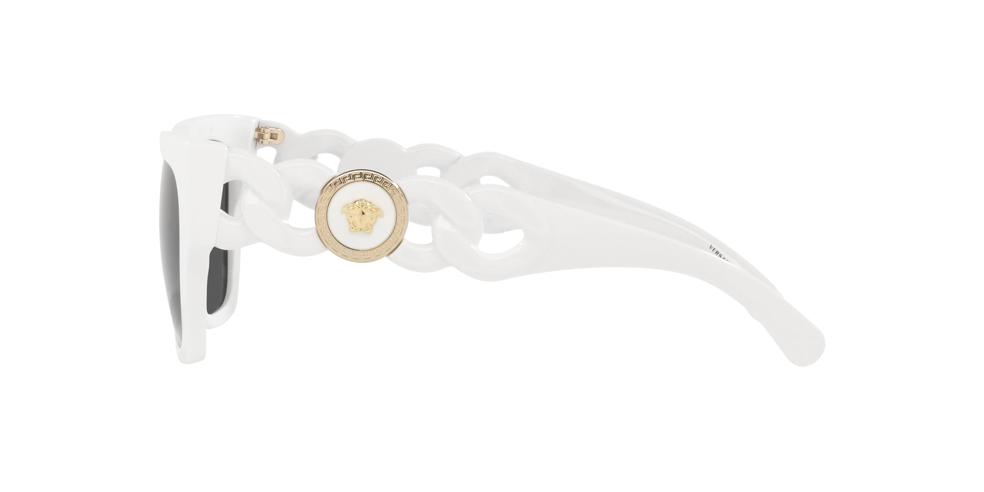Versace VE4409 31487 square sunglasses for women in full rim plastic, with white frame, and dark grey lenses. 53mm in lens size, 19mm in bridge size, and 140mm in temple length.