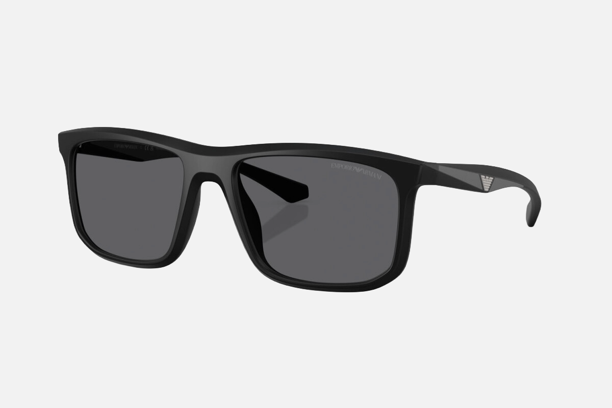Emporio Armani EA 4234U 5001T3 men's full rim square sunglasses in a matte black plastic frame with grey polarized lenses. Features a 57 mm lens size, 18 mm bridge size, and 145 mm temple length. Available in Dubai, UAE.