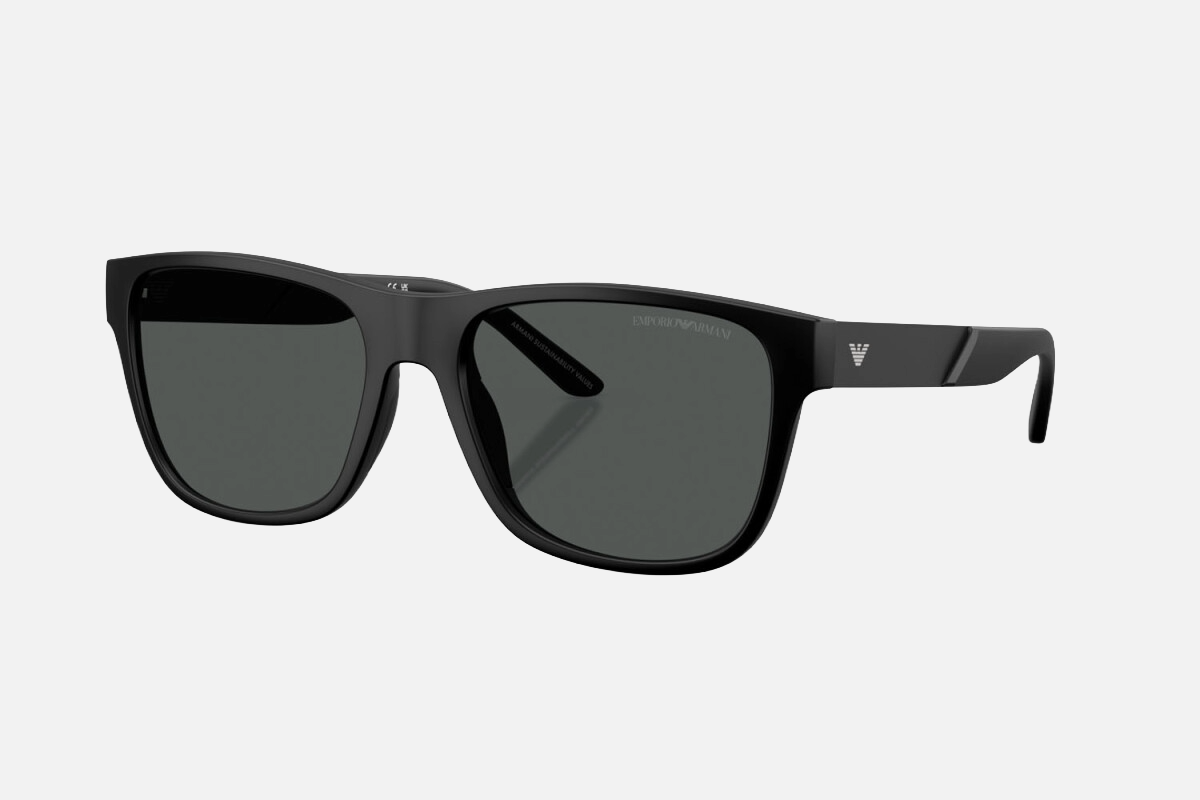 Emporio Armani EA 4243 5001T3 men's full rim square sunglasses in a matte black injected frame with dark grey lenses. Features a 56 mm lens size, 18 mm bridge size, and 145 mm temple length. Available in Dubai, UAE.
