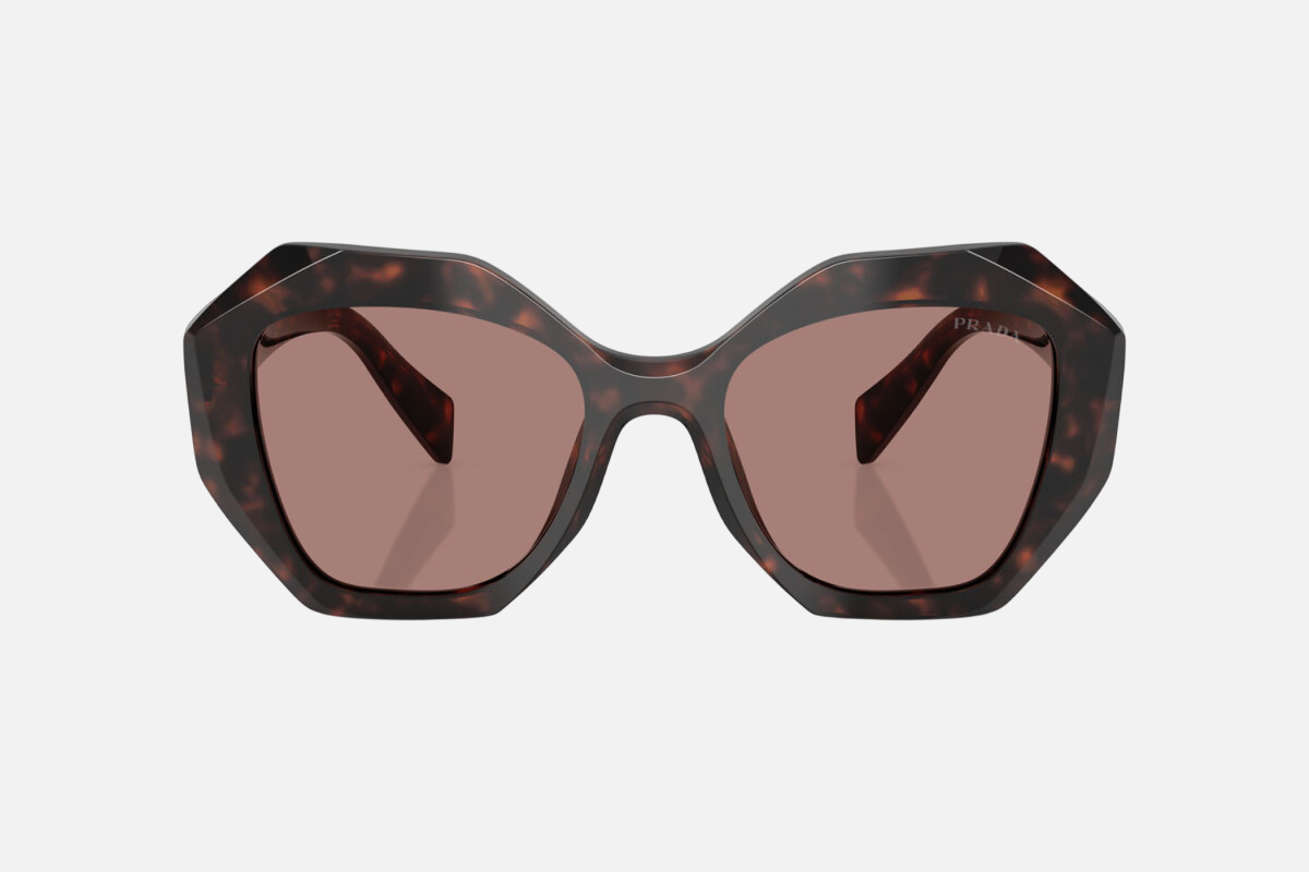 Prada PR 16WS 17N60B irregular sunglasses for women in full rim acetate, with dark havana frame, and light brown lenses. 53mm in lens size, 20mm in bridge size, and 145mm in temple length.