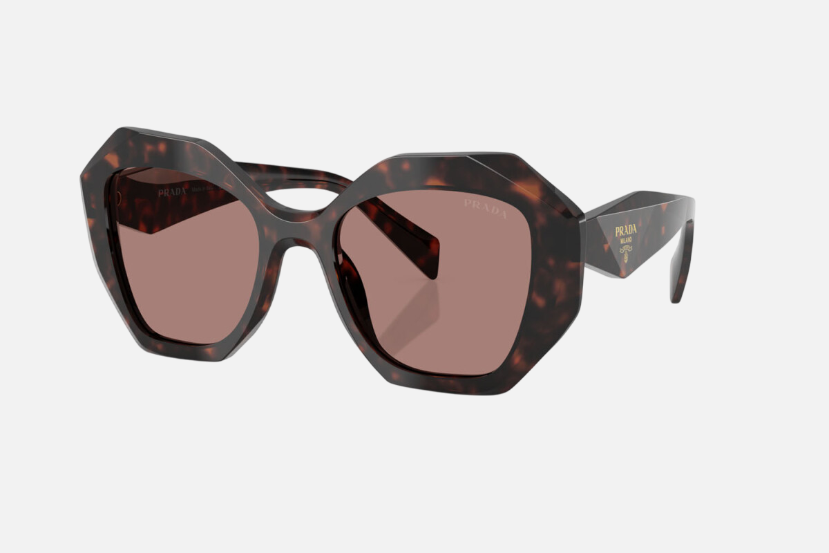 Prada PR 16WS 17N60B irregular sunglasses for women in full rim acetate, with dark havana frame, and light brown lenses. 53mm in lens size, 20mm in bridge size, and 145mm in temple length.