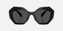 Prada PR 16WS 1AB5S0 irregular sunglasses for women in full rim acetate, with black frame, and dark grey lenses. 53mm in lens size, 20mm in bridge size, and 145mm in temple length.