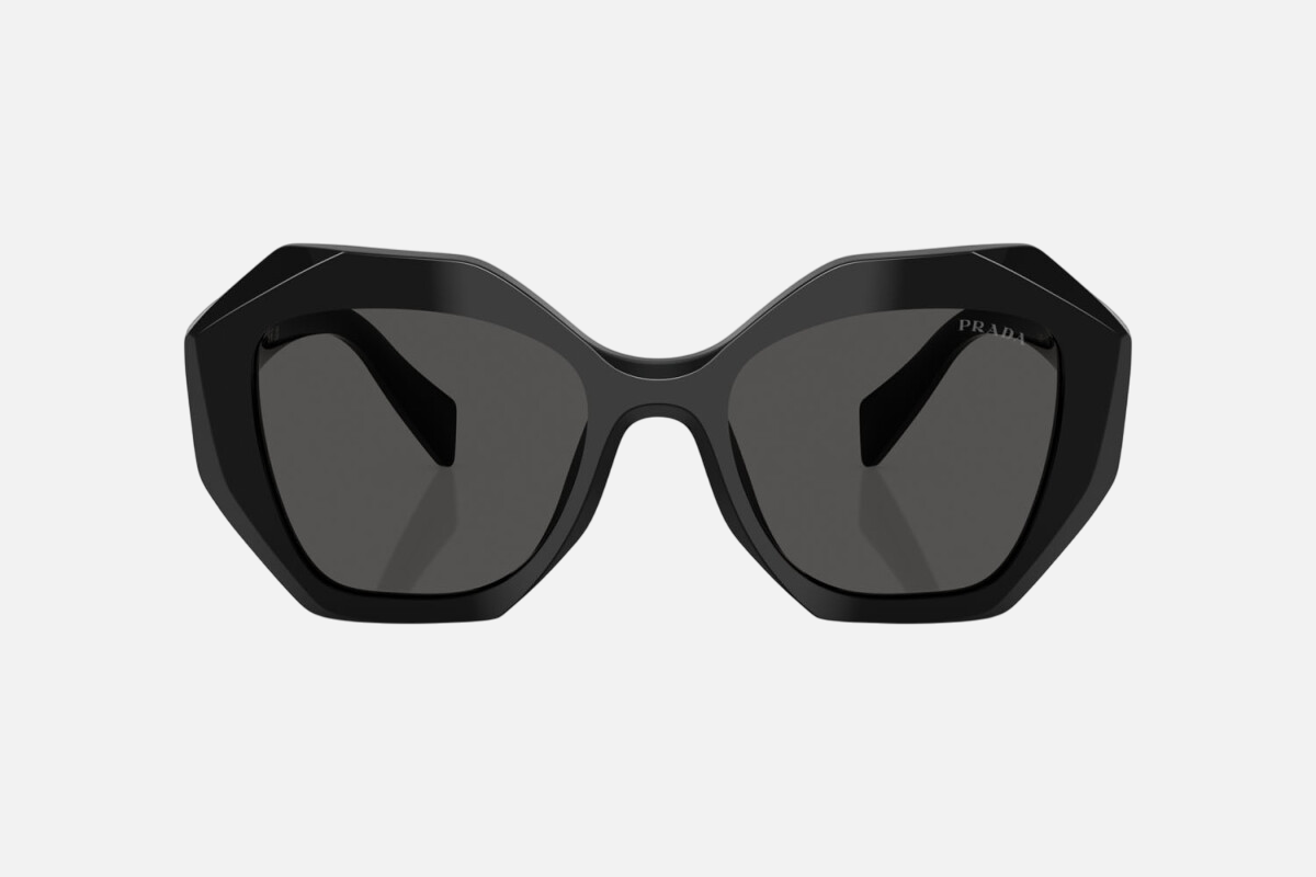 Prada PR 16WS 1AB5S0 irregular sunglasses for women in full rim acetate, with black frame, and dark grey lenses. 53mm in lens size, 20mm in bridge size, and 145mm in temple length.