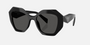 Prada PR 16WS 1AB5S0 irregular sunglasses for women in full rim acetate, with black frame, and dark grey lenses. 53mm in lens size, 20mm in bridge size, and 145mm in temple length.