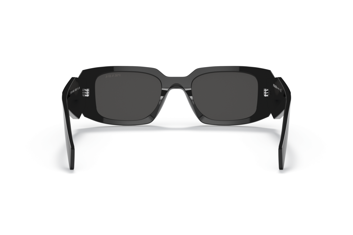 Prada PR 17WS 1AB5S0 rectangular sunglasses for women in full rim acetate, with black frame, and dark grey lenses. 49mm in lens size, 20mm in bridge size, and 145mm in temple length.