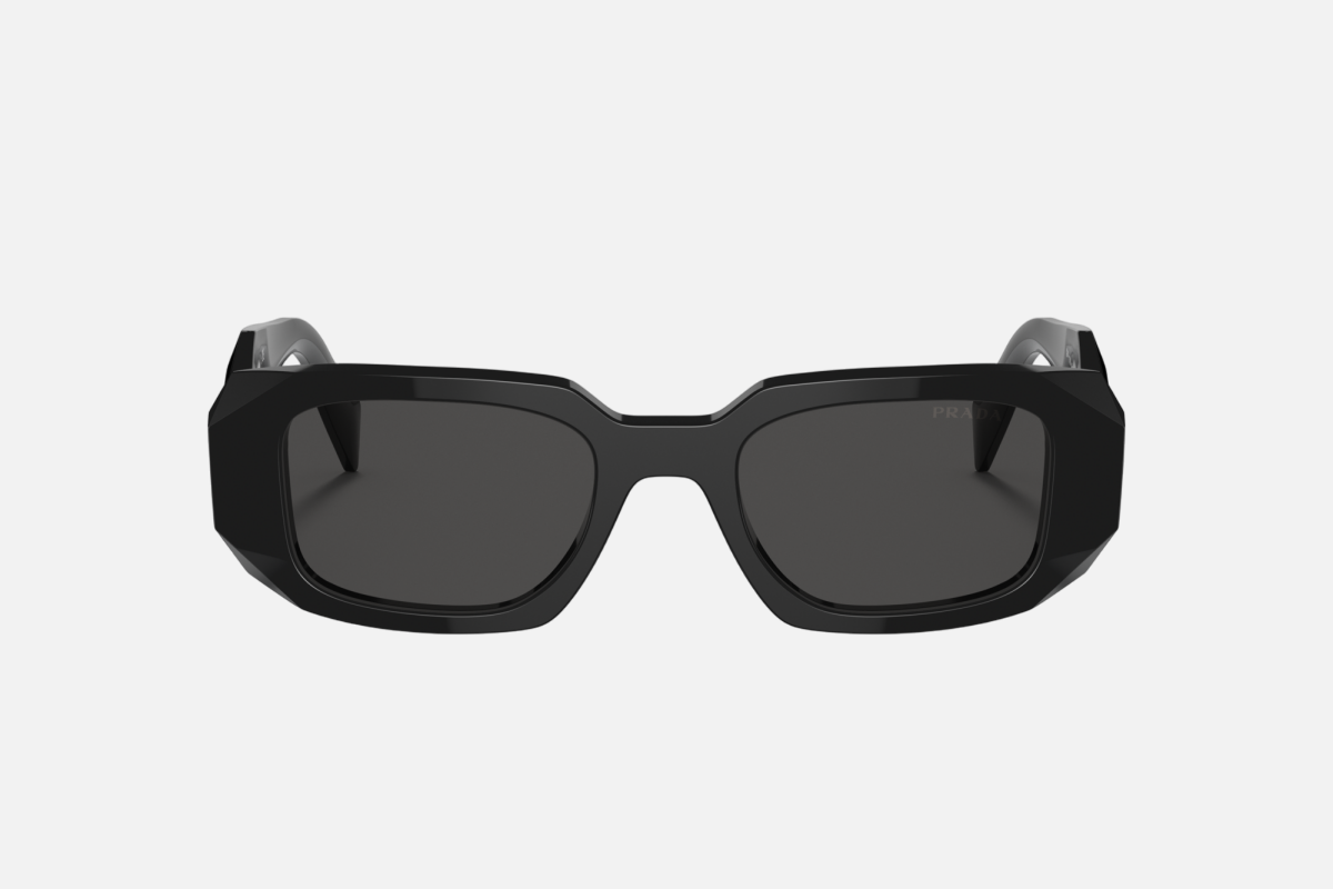 Prada PR 17WS 1AB5S0 rectangular sunglasses for women in full rim acetate, with black frame, and dark grey lenses. 49mm in lens size, 20mm in bridge size, and 145mm in temple length.