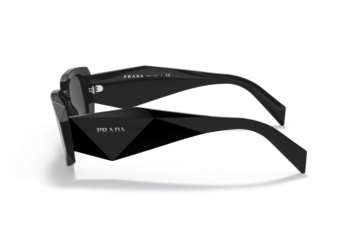 Prada PR 17WS 1AB5S0 rectangular sunglasses for women in full rim acetate, with black frame, and dark grey lenses. 49mm in lens size, 20mm in bridge size, and 145mm in temple length.