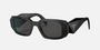 Prada PR 17WS 1AB5S0 rectangular sunglasses for women in full rim acetate, with black frame, and dark grey lenses. 49mm in lens size, 20mm in bridge size, and 145mm in temple length.