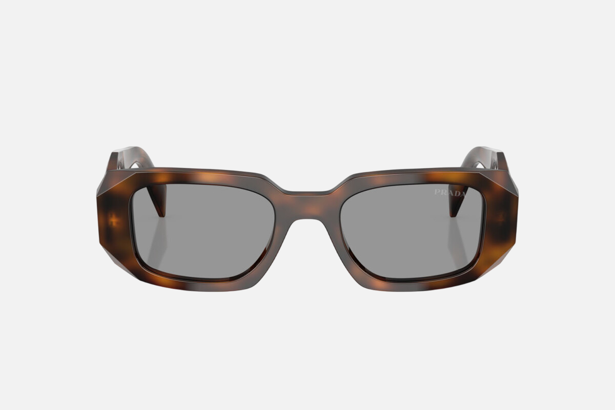 Prada PR 17WS 20D50Q rectangular sunglasses for women in full rim acetate, with havana frame, and grey lenses. 49mm in lens size, 20mm in bridge size, and 145mm in temple length.